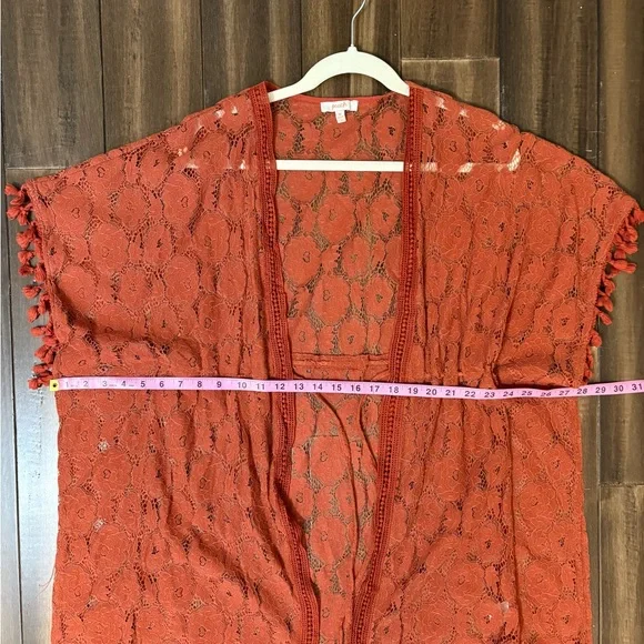 Sz M Rust Orange Lace Kimono Shawl Cardigan Poncho Tassels Poms Front Tie - Picture 2 of 9